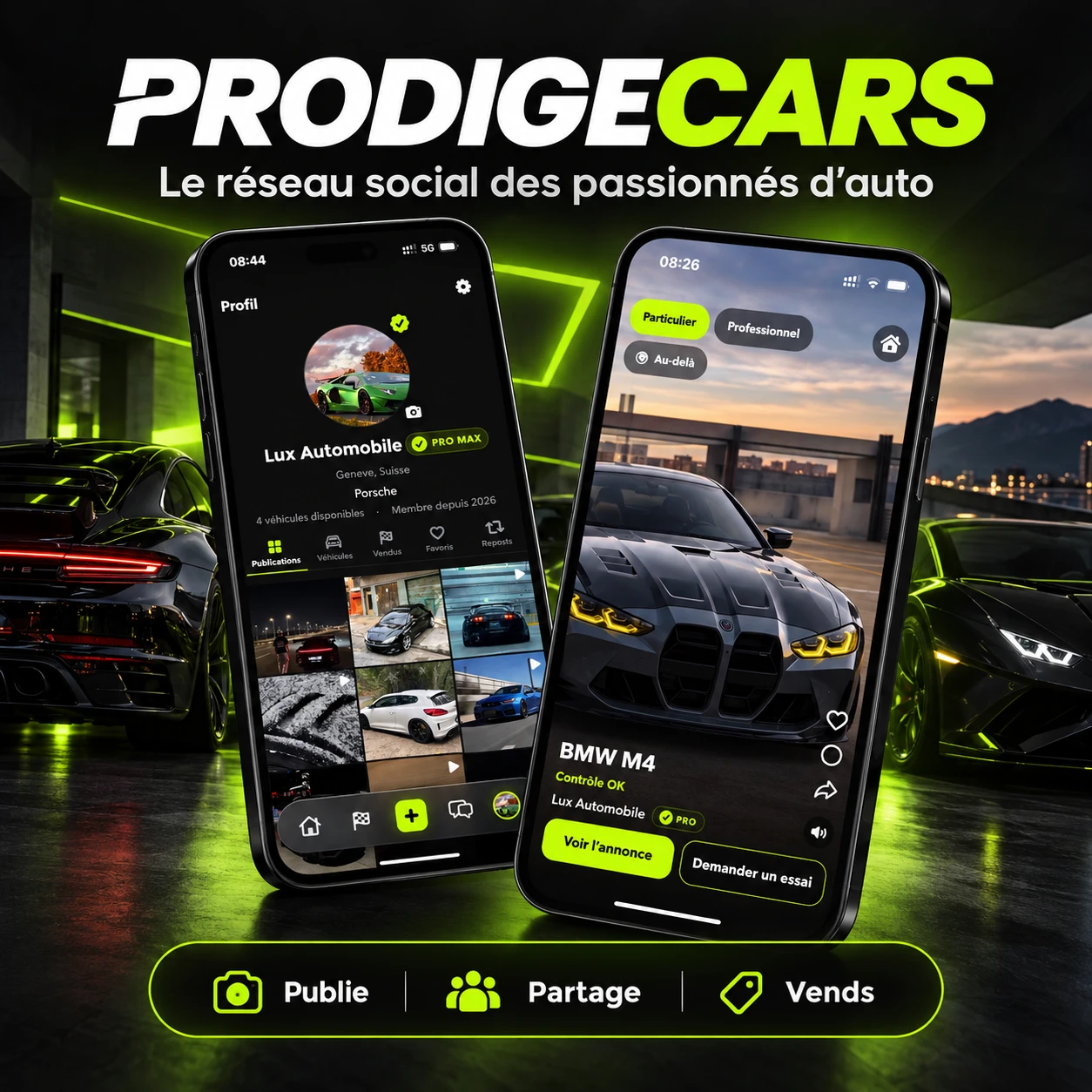 Présentation Prodigecars : profil automobile et annonces vidéo sur deux téléphones